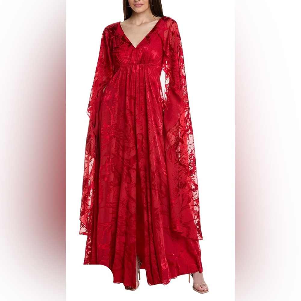 Red Plunge Neck Gown with Cape Sleeves